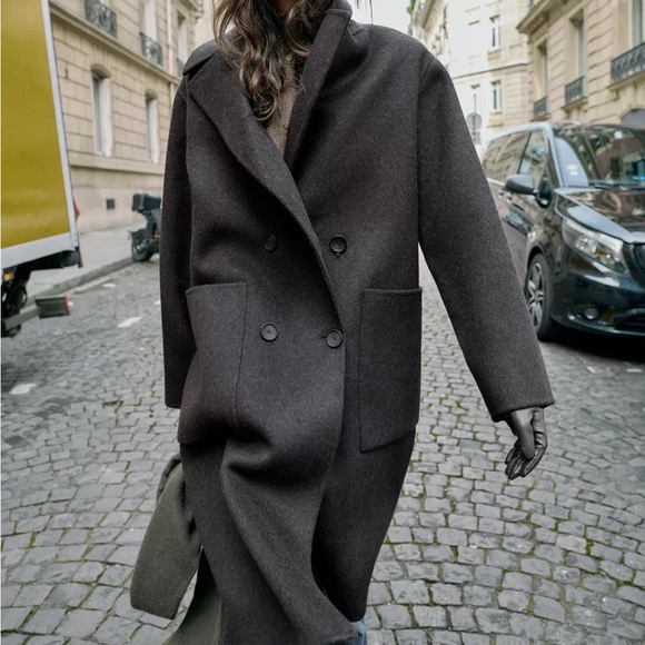 New Zara long double-breasted wool coat in brown - large - Picture 4 of 12